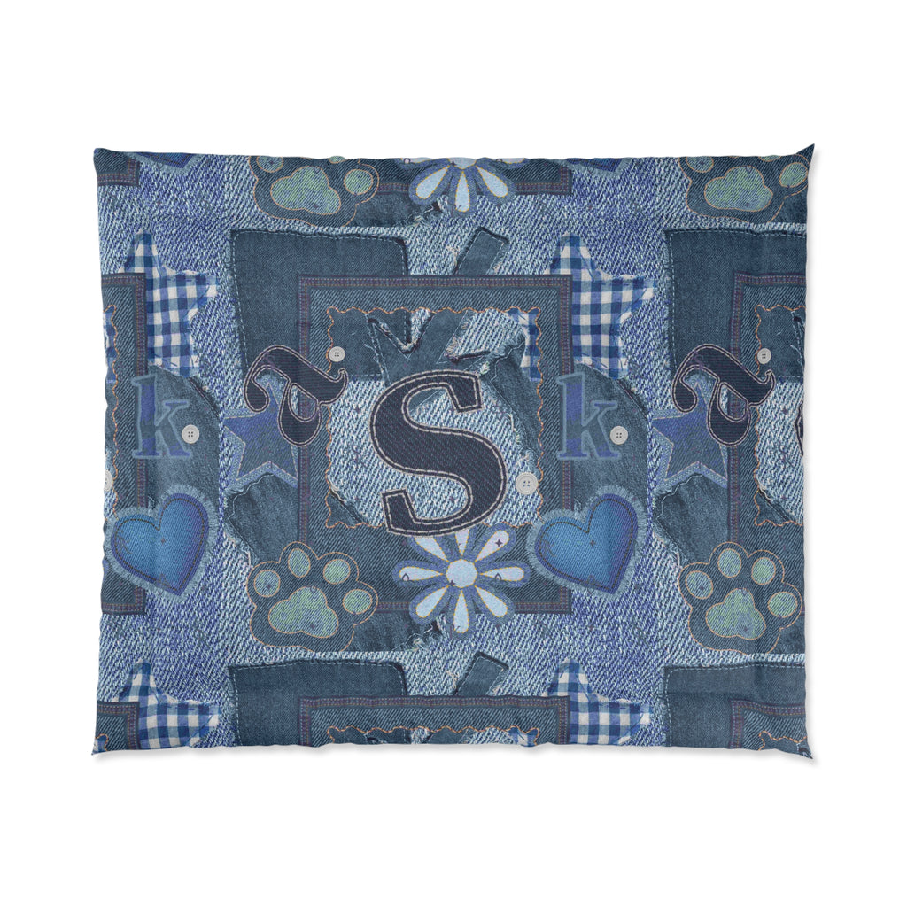 Monogram Pet Patchwork Comforter - Blue Paw & Heart Bedding