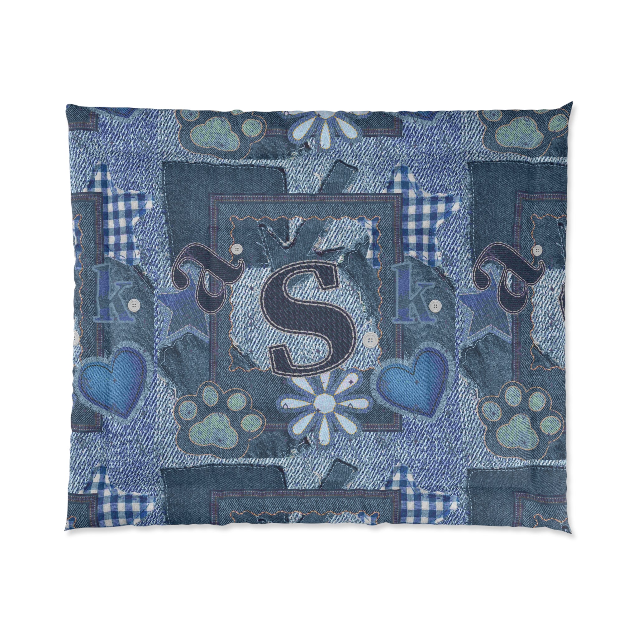 Monogram Pet Patchwork Comforter - Blue Paw & Heart Bedding
