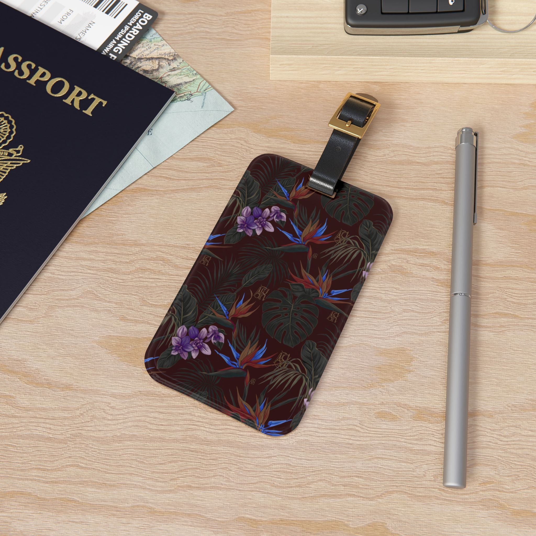 Tropical Floral Luggage Tag – Dark Botanical Orchid Travel ID