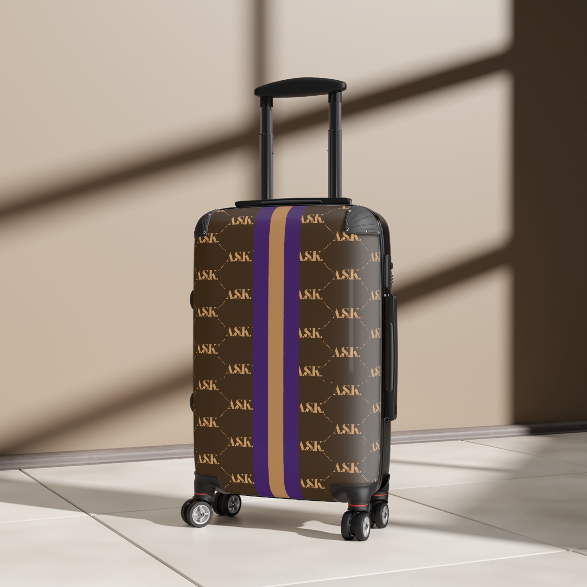 Monogram Stripe Suitcase — Luxury Brown & Purple Carry-On with Repeat Logo