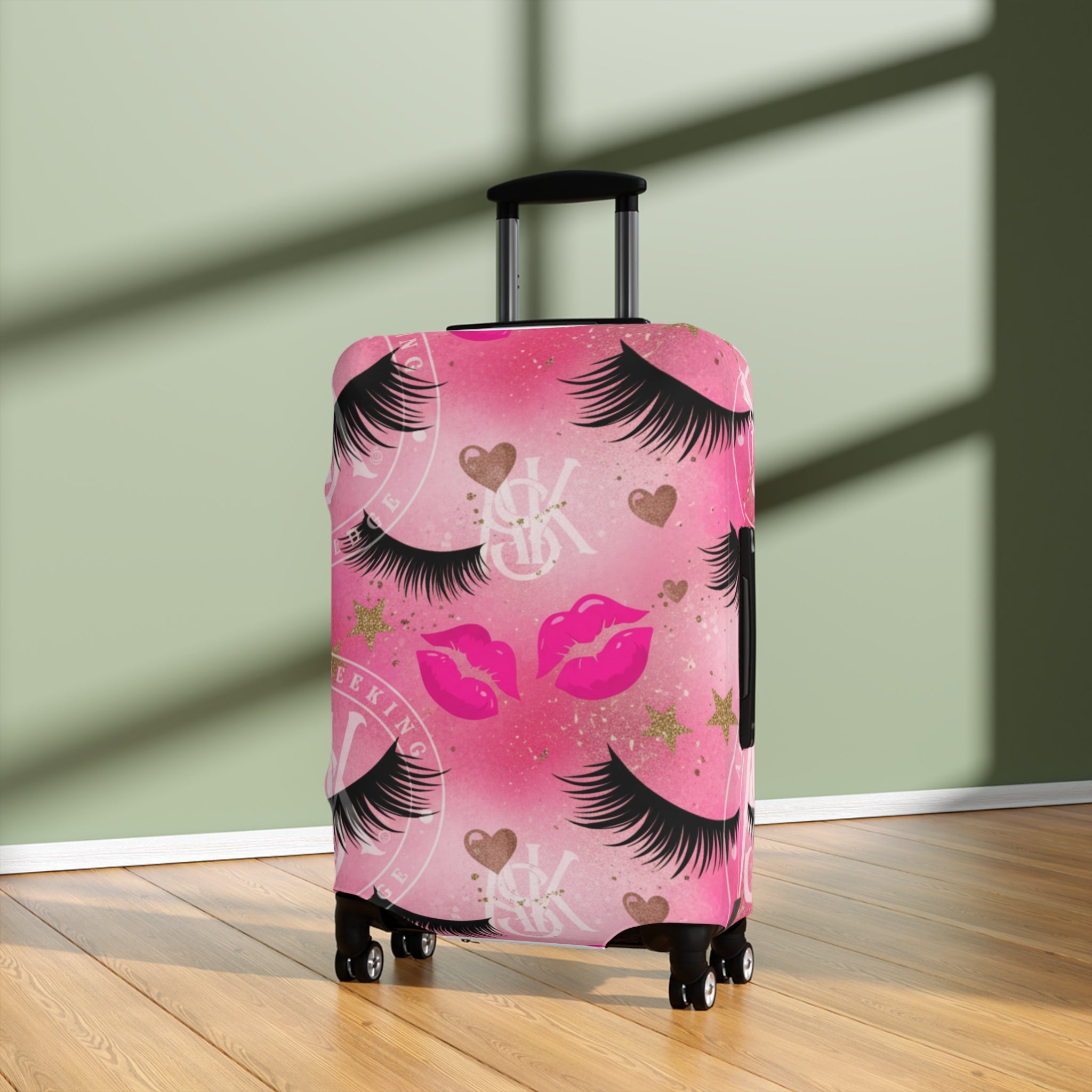 Pink Kiss & Lashes Luggage Cover — Cute Travel Protector for Women