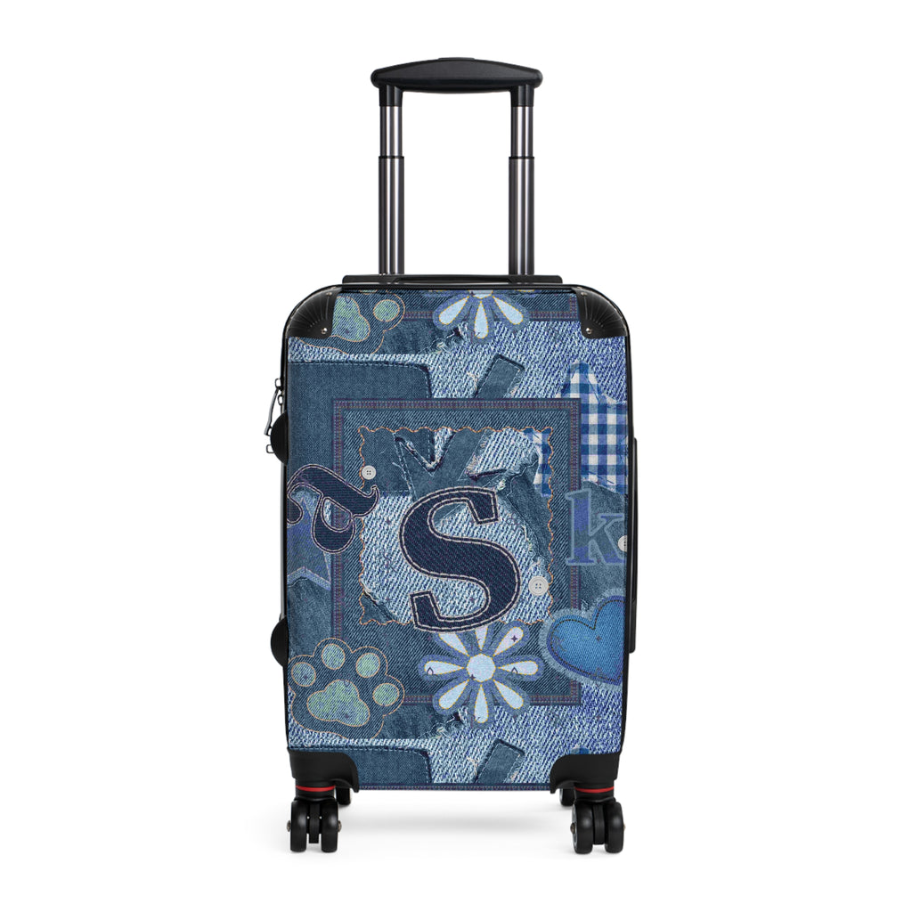 Monogram 'S' Blue Denim Patchwork Suitcase Cover — Personalized Luggage Skin