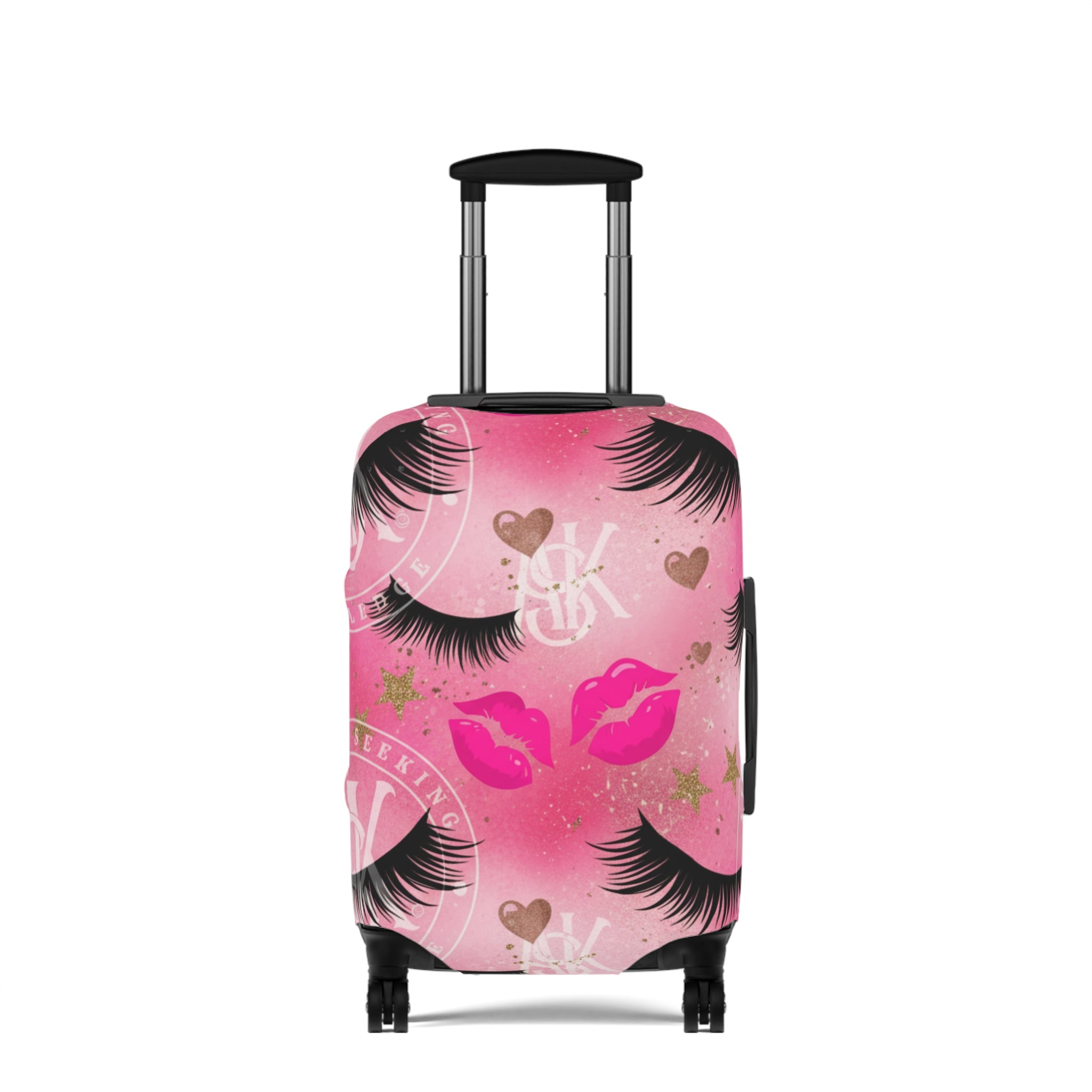 Pink Kiss & Lashes Luggage Cover — Cute Travel Protector for Women