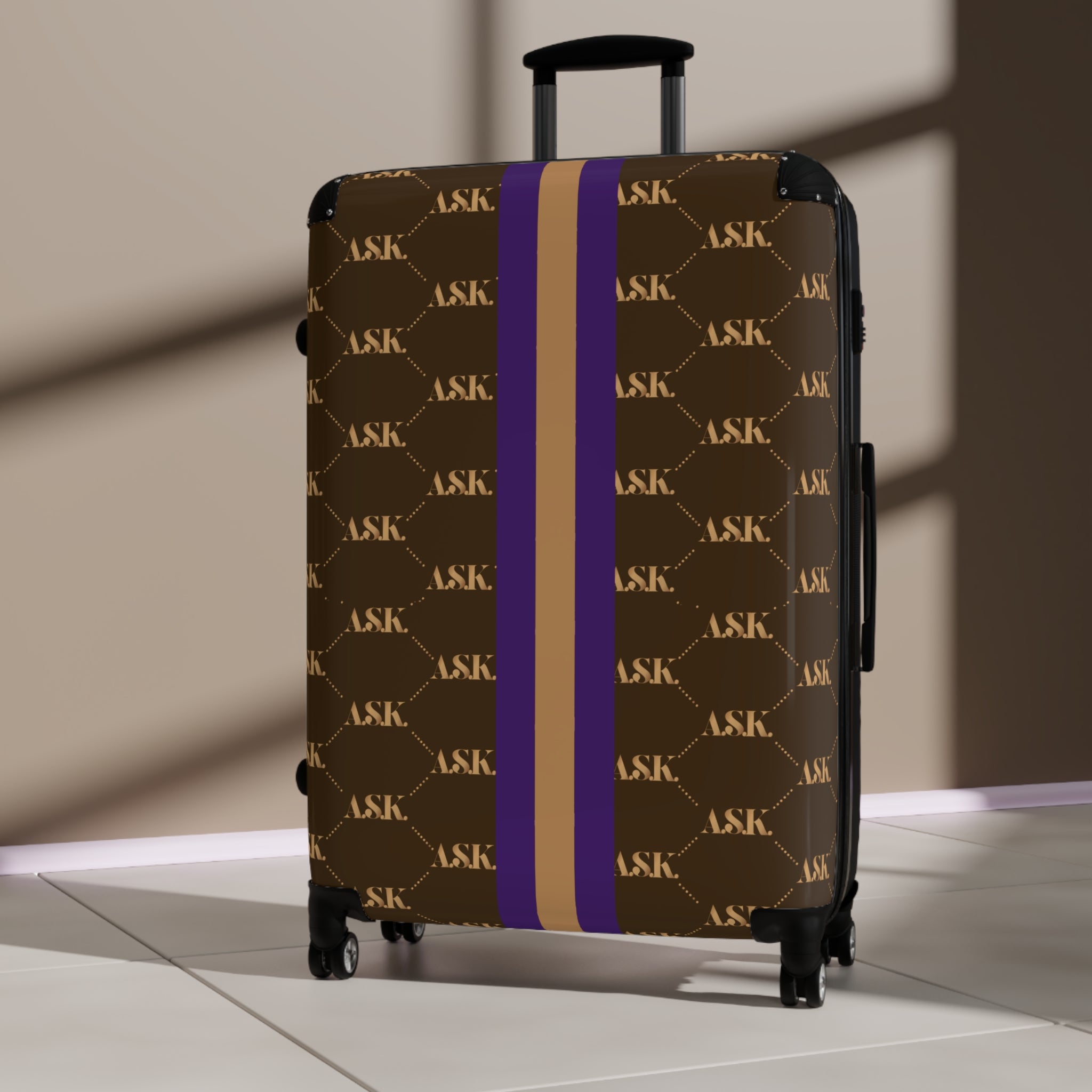 Monogram Stripe Suitcase — Luxury Brown & Purple Carry-On with Repeat Logo