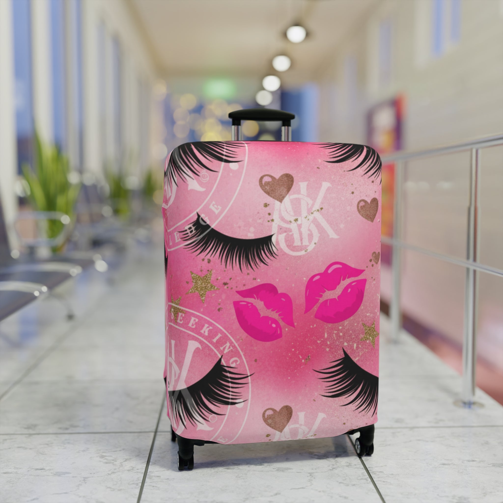 Pink Kiss & Lashes Luggage Cover — Cute Travel Protector for Women