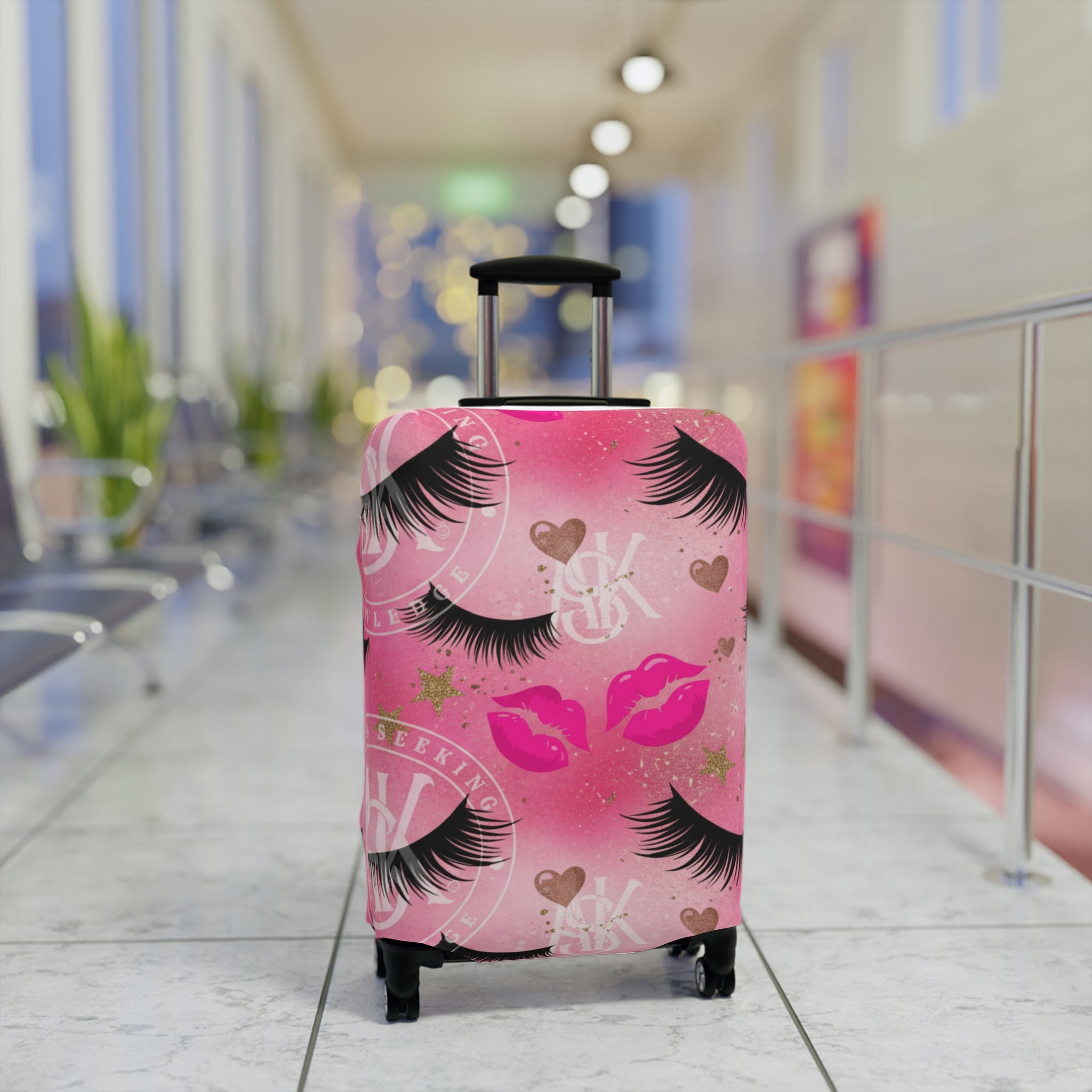 Pink Kiss & Lashes Luggage Cover — Cute Travel Protector for Women