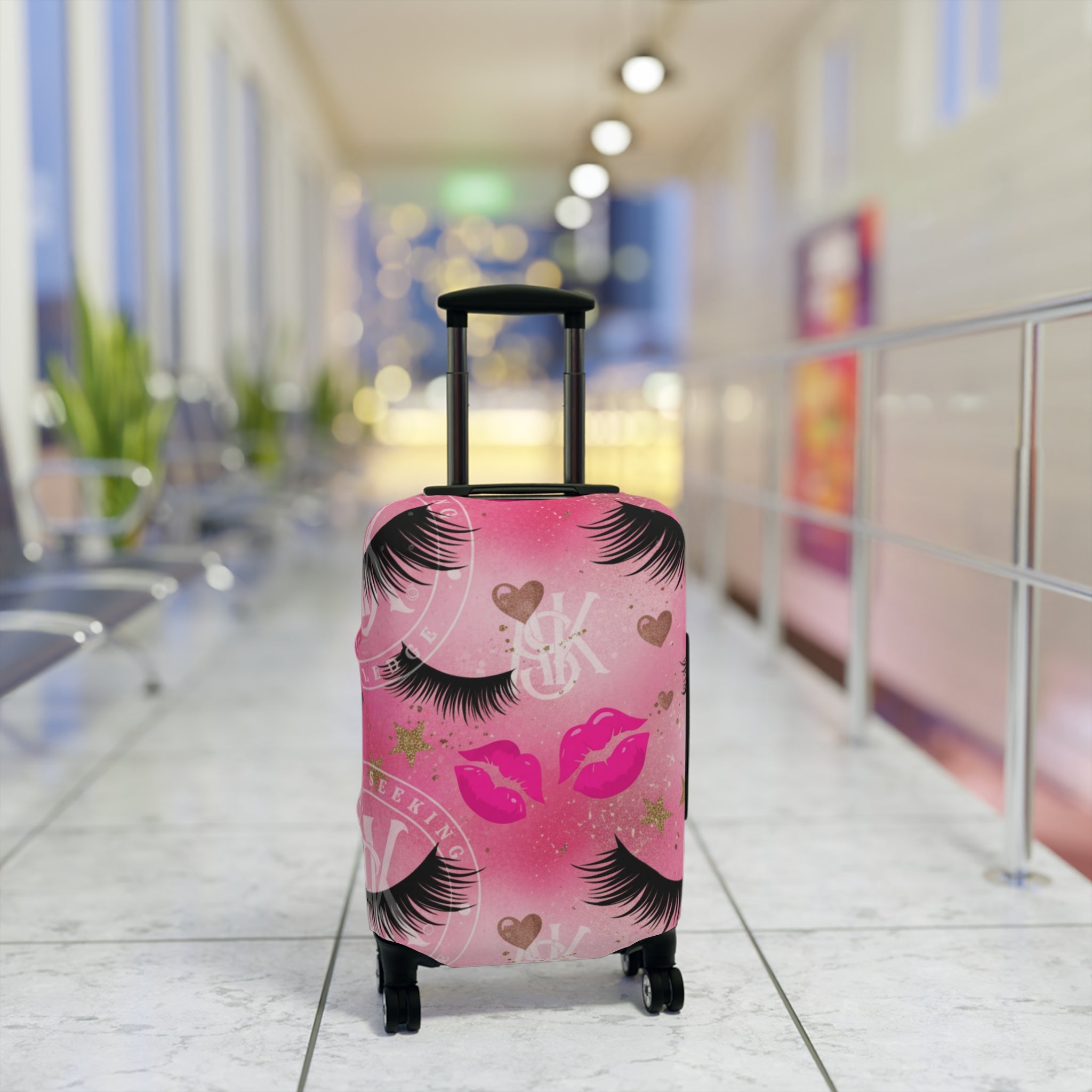 Pink Kiss & Lashes Luggage Cover — Cute Travel Protector for Women