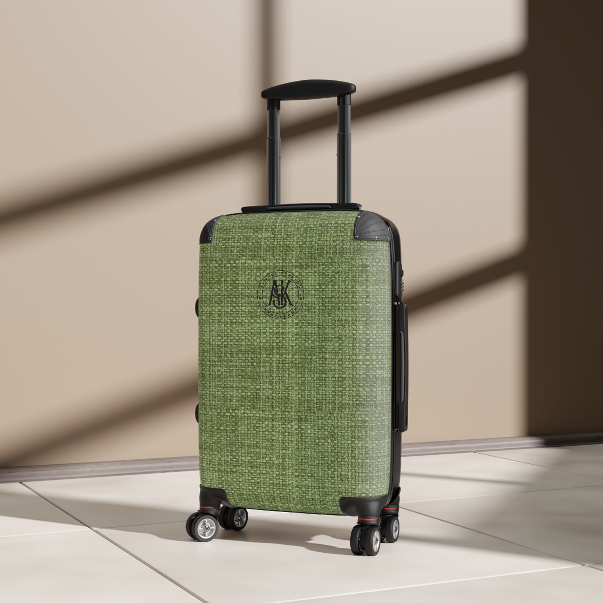 Green Linen Monogram Suitcase — Personalized Carry-On Luggage