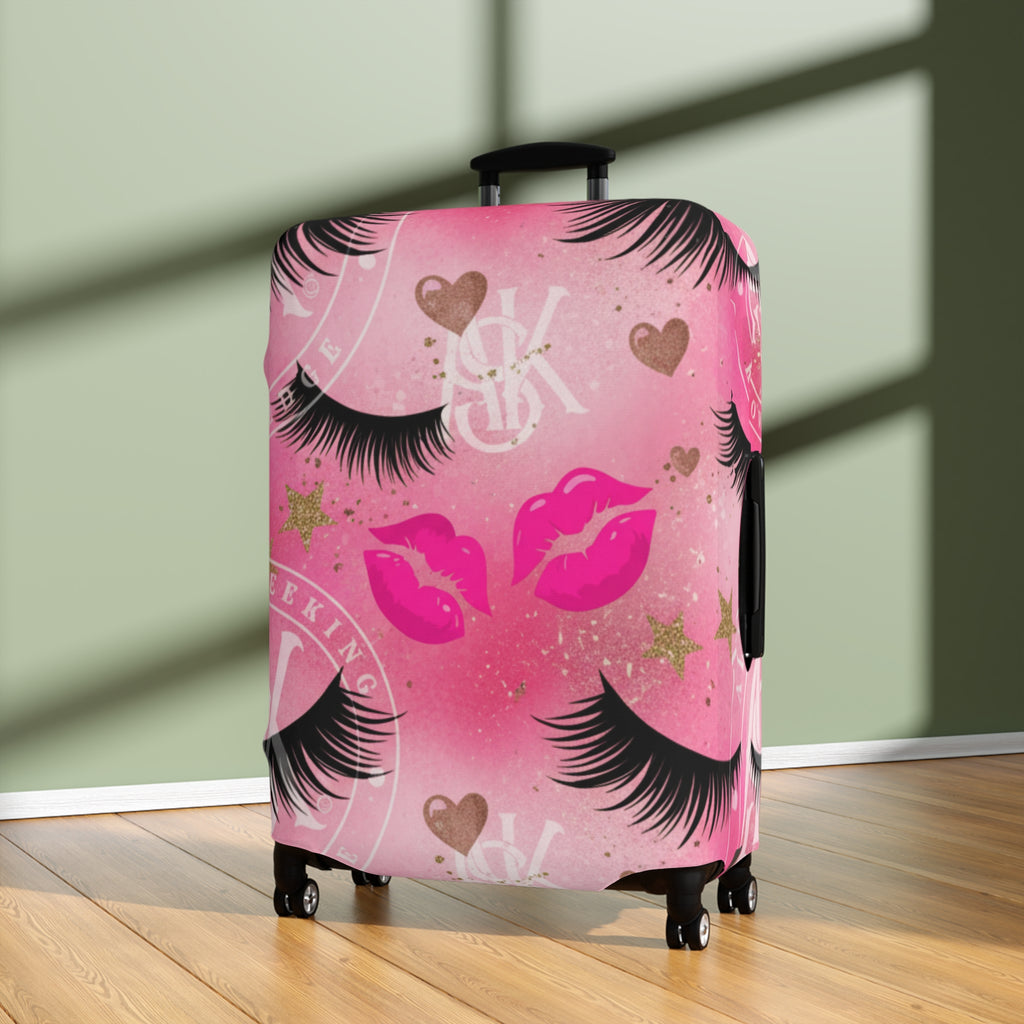 Pink Kiss & Lashes Luggage Cover — Cute Travel Protector for Women