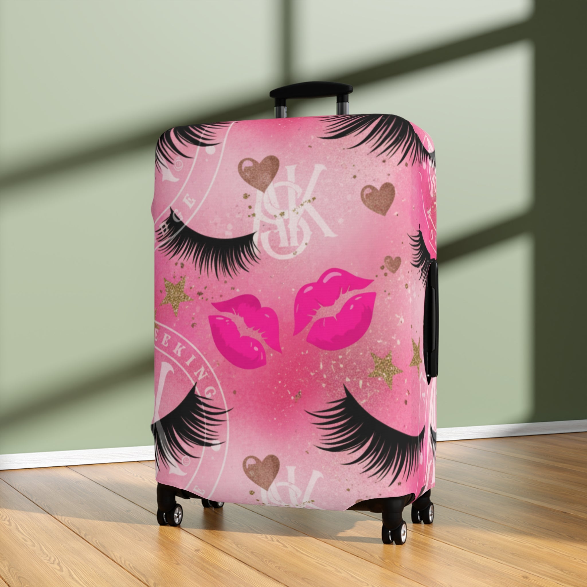 Pink Kiss & Lashes Luggage Cover — Cute Travel Protector for Women