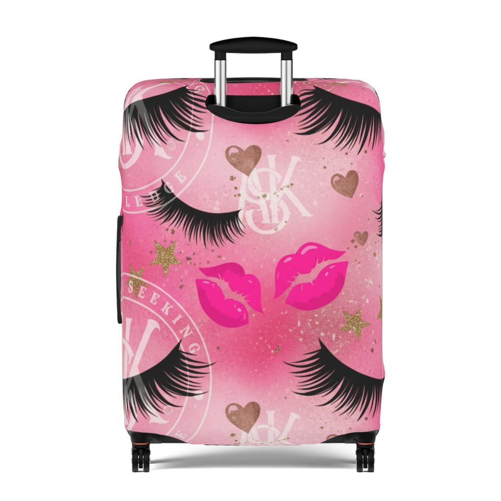 Pink Kiss & Lashes Luggage Cover — Cute Travel Protector for Women