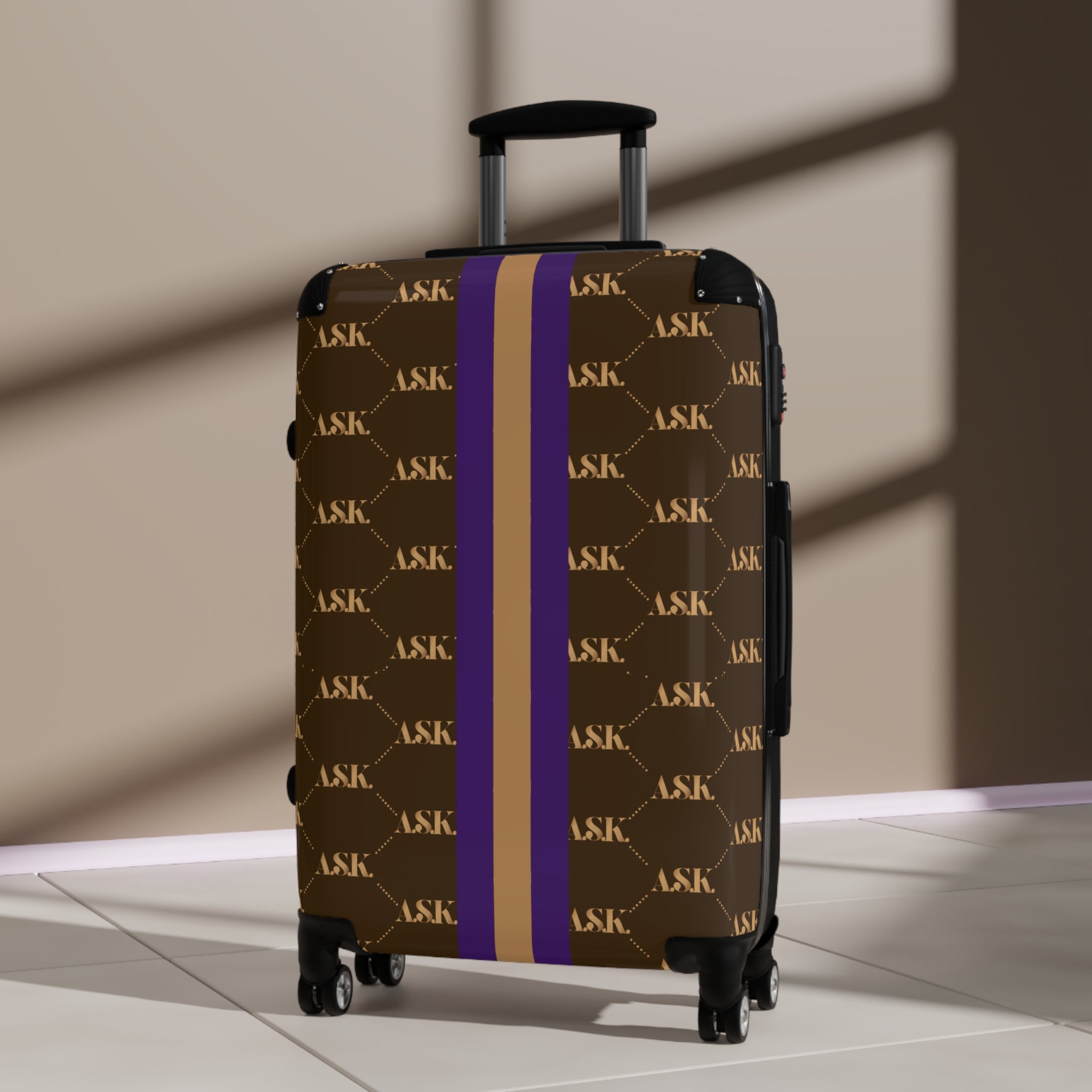 Monogram Stripe Suitcase — Luxury Brown & Purple Carry-On with Repeat Logo