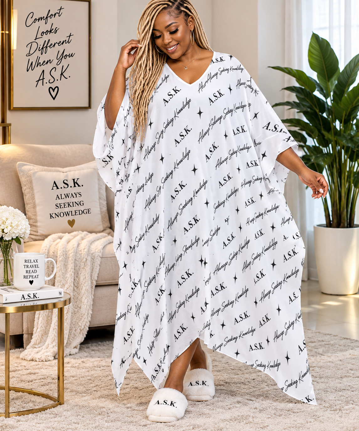 A.S.K. MONOGRAM KAFTAN LOUNGEWEAR (WHITE)